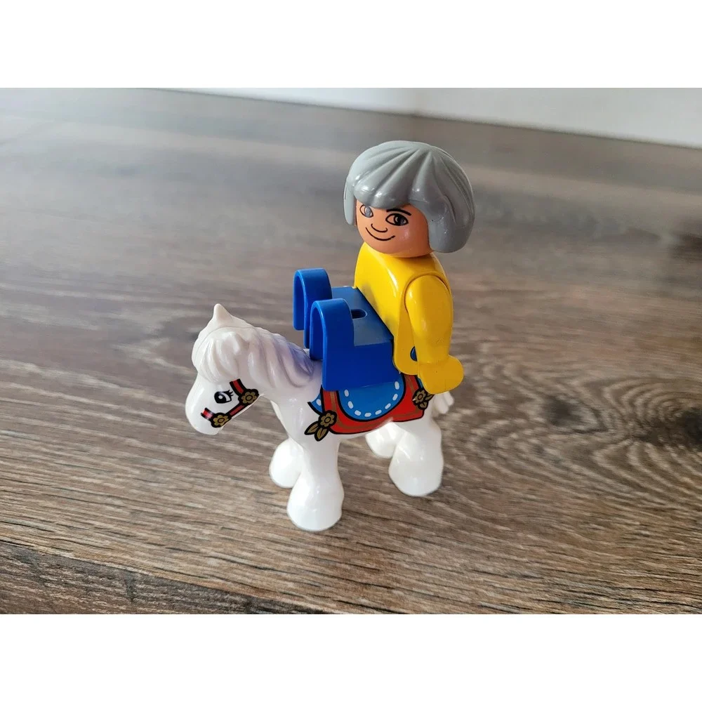 LEGO Duplo Rider Figure with White Horse‎ Yellow Shirt Blue Pants Grey Hair #5